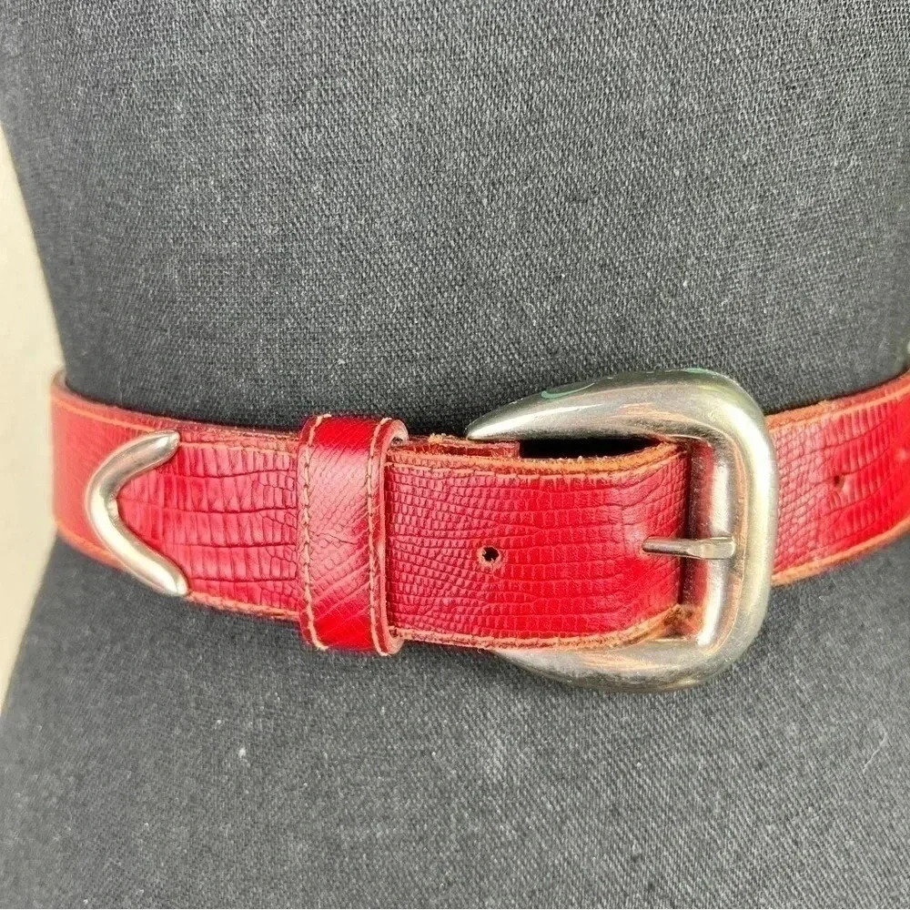 Red Leather Women’s Lizard Embossed Belt Brushed Silver Tone Buckle Small